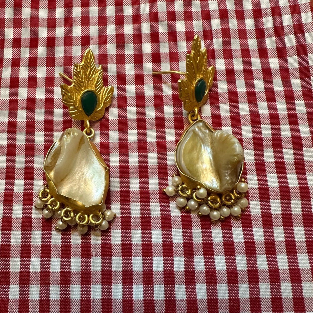 Gold Leaf with Dangly Stones and Pearls Earrings